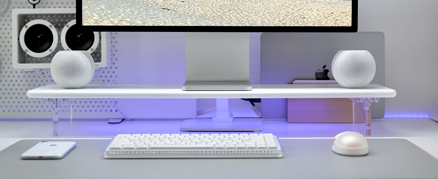 Bamboo Monitor Stand Riser in White with RGB Light