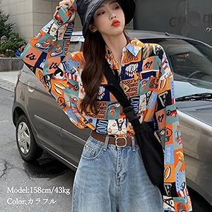 Amazon | 【カラフル／L】総柄ブラウス シャツ 長袖 トップス