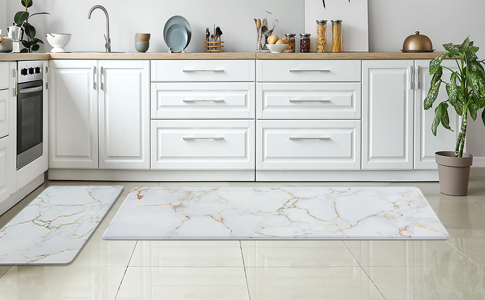 Jabogrii Kitchen Rug Runner White Gold Marble Cushioned