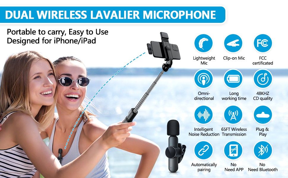 2 Pack Wireless Lavalier Microphone for iPhone iPad, RICCHI Mini Microphone PlugPlay Wireless
