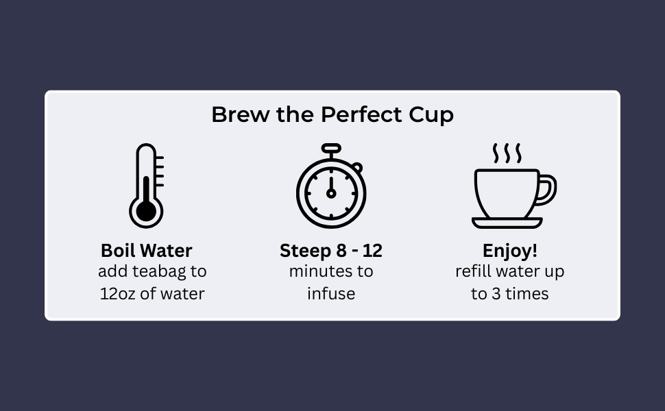 brew the perfect cup of evening calm tea by steeping the plastic-free teabag for 8 min