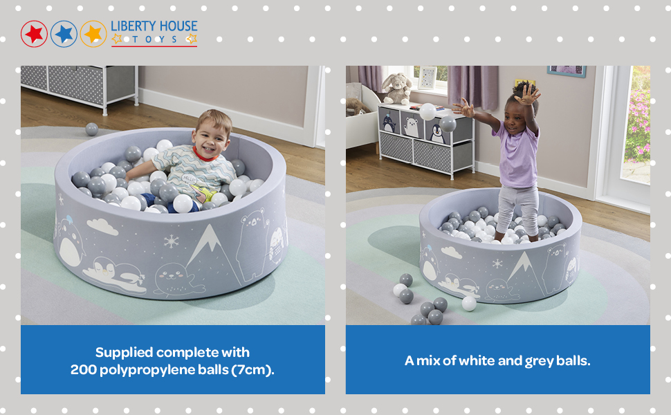 Supplied with 200 polypropylene balls, 7cm balls, a mix of white and grey and balls