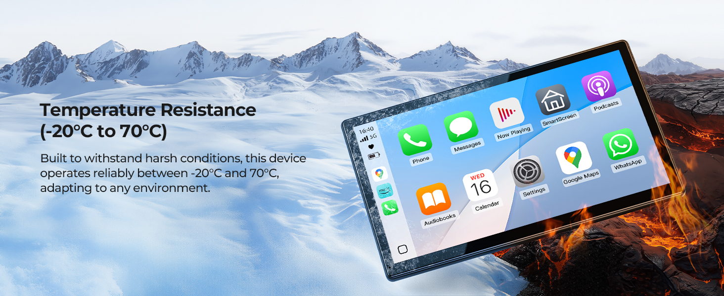 Rugged tablet device displaying app icons against snowy mountain backdrop. Text indicates temperature resistance from -20°C to 70°C for harsh environment operation.