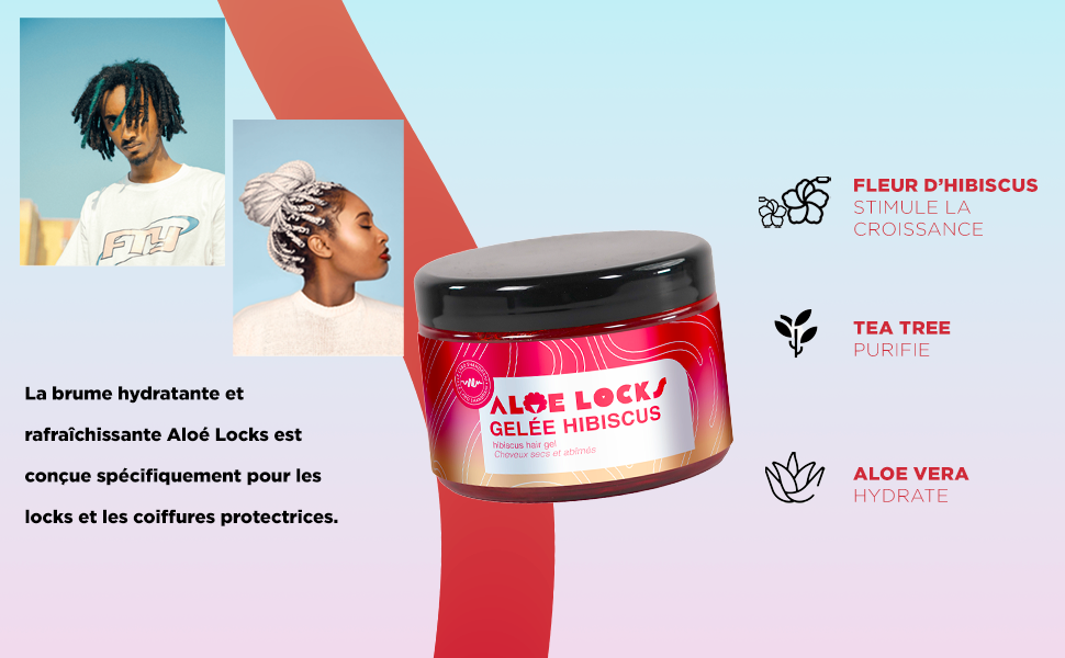 Pot rose de produit capillaire Aloe Locks à l'hibiscus. Annoncé comme hydratant et rafraîchissant pour les cheveux et les coiffures protectrices. Contient de l'aloe vera, de l'arbre à thé et de la fleur d'hibiscus.