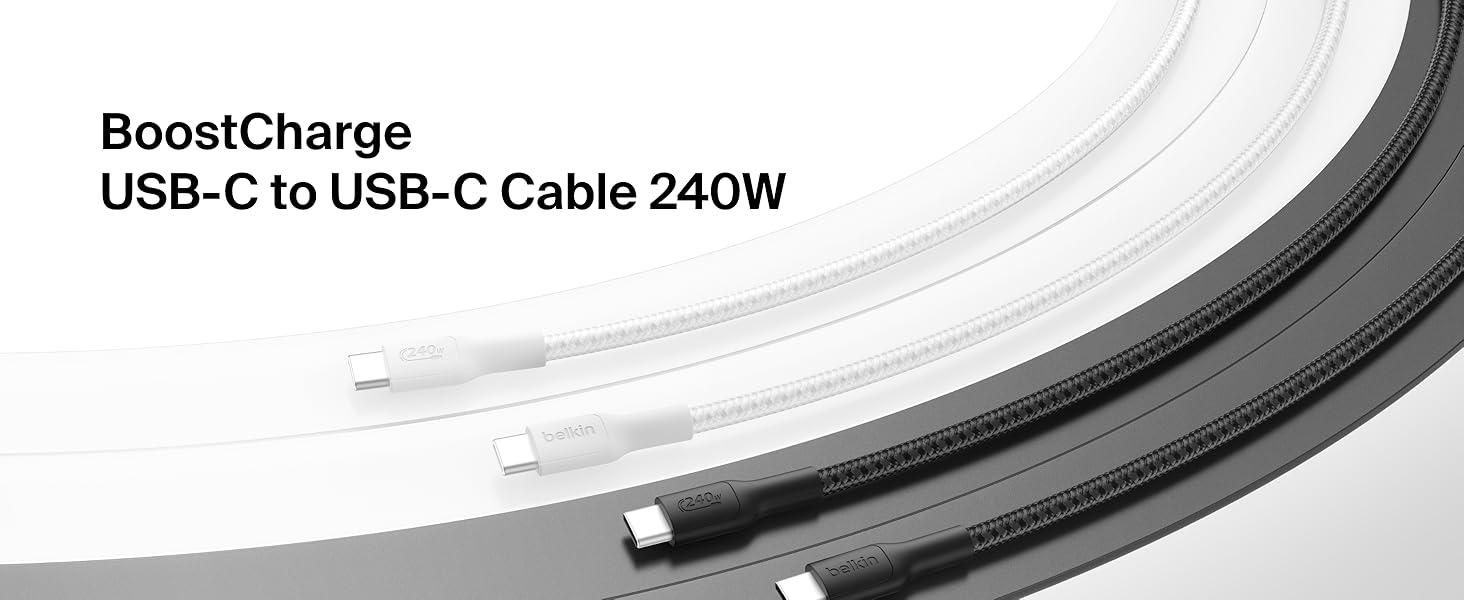 Το κείμενο αναφέρει «BoostCharge USB-C σε USB-C Cable 240W». Κοντινές φωτογραφίες προϊόντος ενός μαύρου καλωδίου USB με ορατά τα άκρα του συνδέσμου.