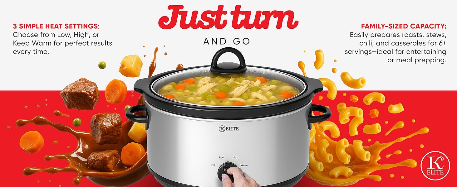 A hand turning a knob of a slow cooker. Text reads: Just Turn and Go.