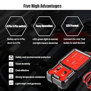 Infographic displaying five advantages of an electronic device, including pin switch functionality, easy operation, and LED prompt features.