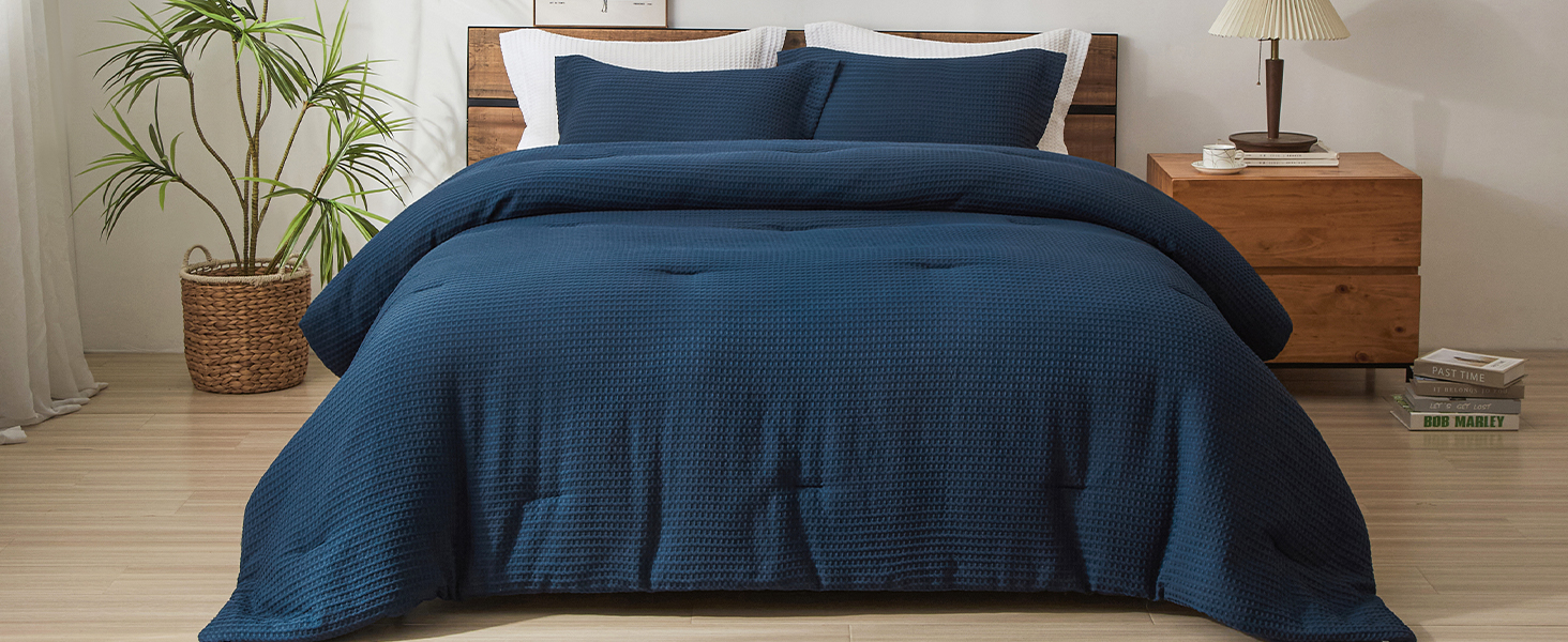 Waffle Comforter Set King Size, White Soft Bedding Set for All Season, Lightweight