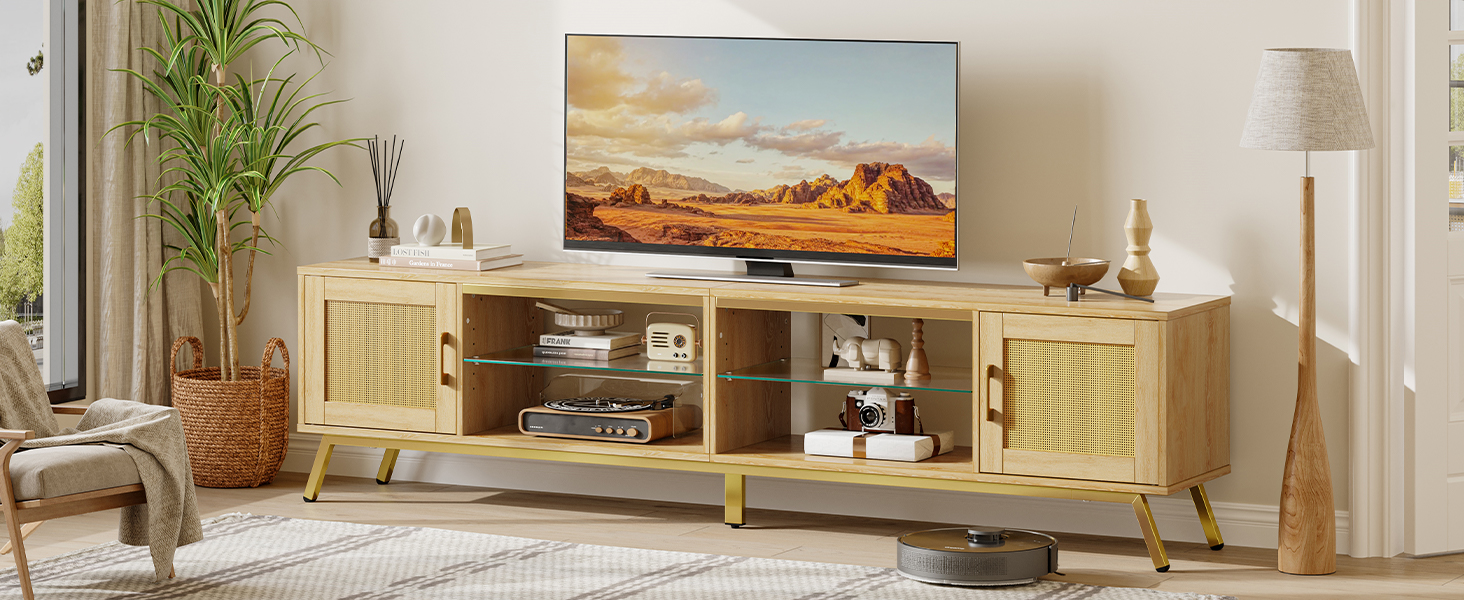 Bestier テレビ台 テレビボード 幅203cm tv台 55/65/75/85型対応 ラタン調扉収納 ローボード 木製 ロータイプ おしゃれ