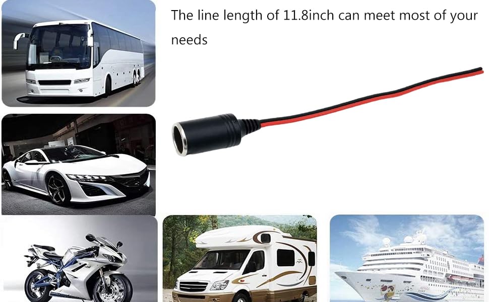 11.8-inch black cable with red wire and cylindrical connector. Image includes various vehicle types: bus, sports car, motorcycle, RV, and cruise ship.