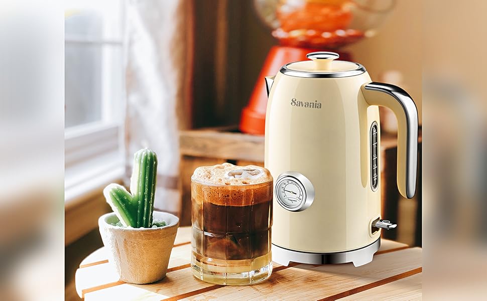 Vintage 1.7L Stainless Steel Electric Kettle with Temperature Gauge and