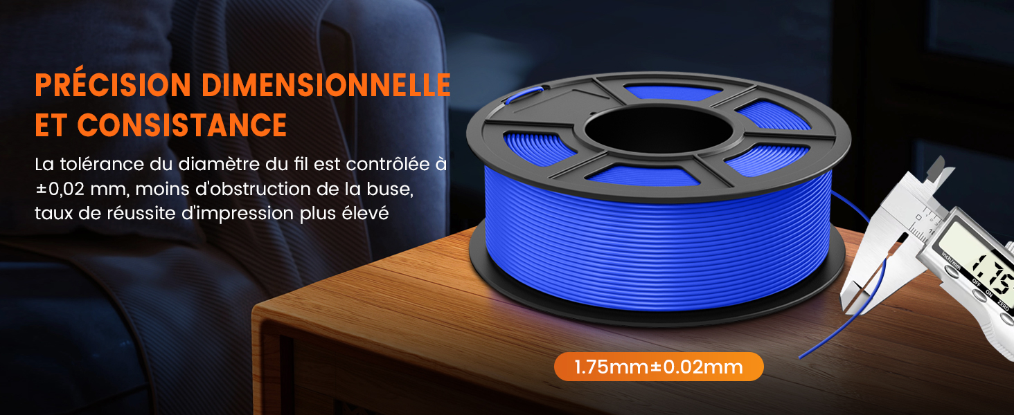 de filament d'imprimante 3D avec un pied à coulisse numérique mesurant son diamètre. Le texte en français mentionne la précision dimensionnelle et la cohérence.