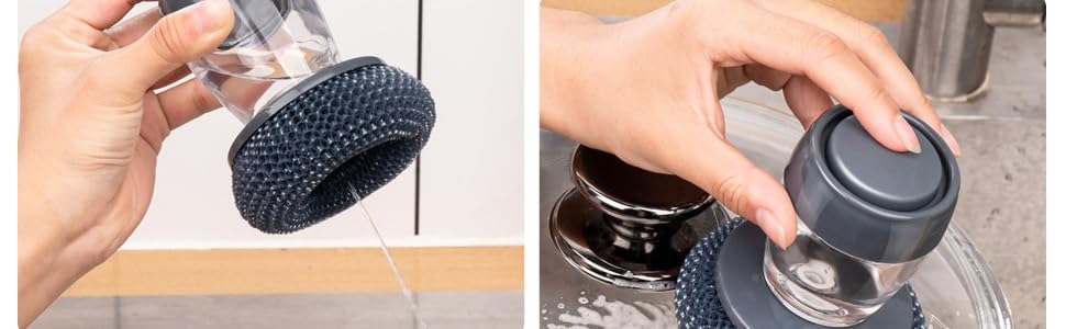 Handheld dish scrubber with integrated soap dispenser for fast and efficient cleaning