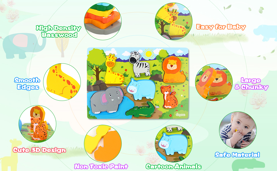 Japace Wooden Puzzles for 1 Year Old, Safari Animal Baby Puzzle for 1 2