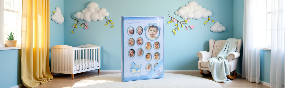 A cozy nursery setting with a soft blue blanket draped over a rocking chair, creating a serene backd