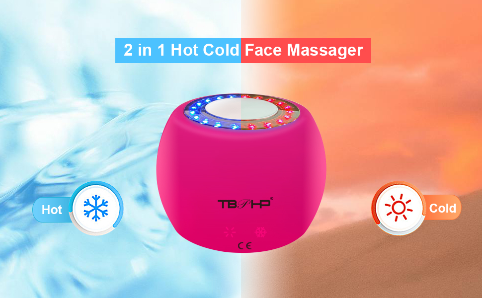 Pink spherical device labeled '2 in 1 Hot Cold Face Massager' with LED lights, shown against a blue and orange background with temperature icons.