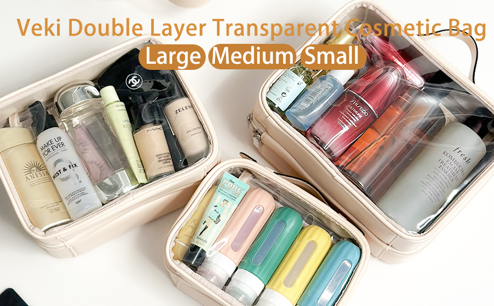 Veki Transparent Makeup bag Double Travel Cosmetic bags Case Waterproof Toiletries Bag
