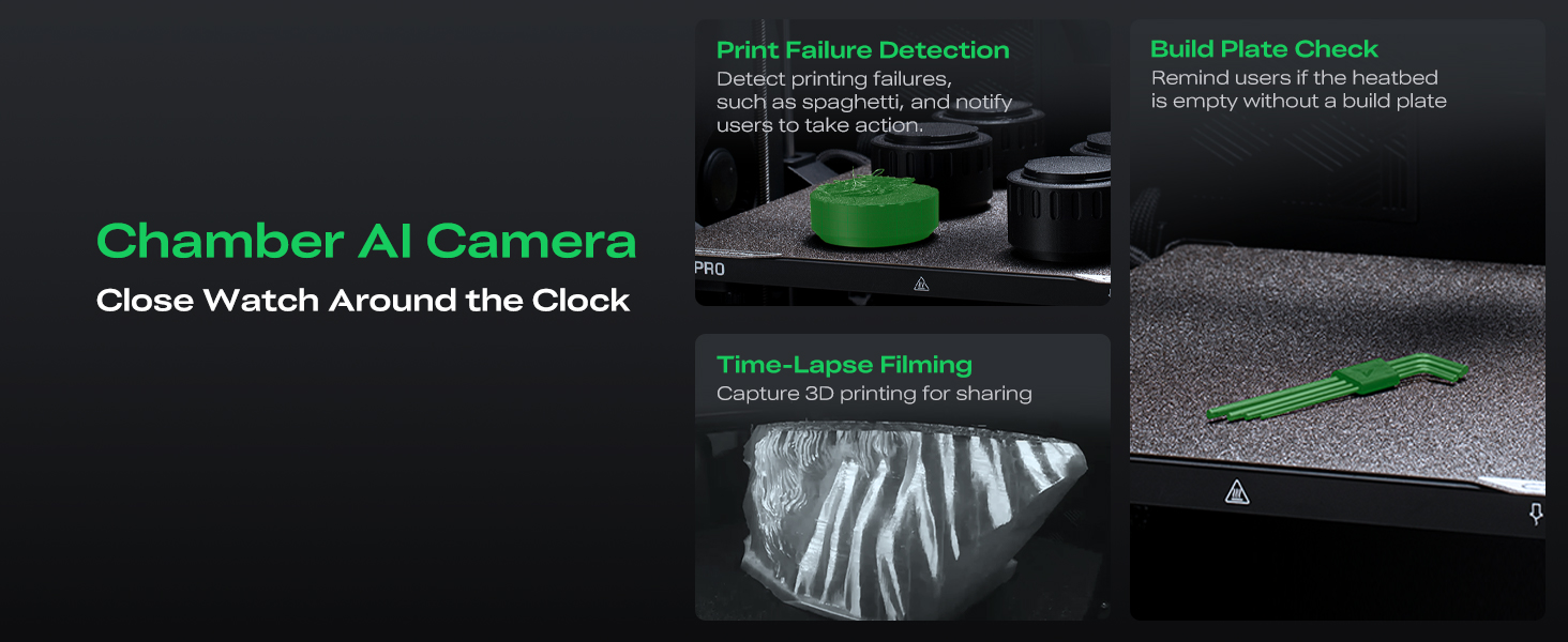 Text reads 'Chamber AI Camera'. Dark technical diagram showing camera components with green text labels and arrows indicating different parts.
