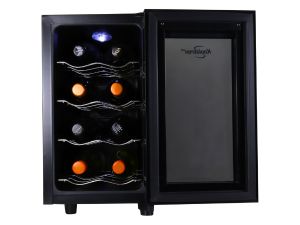 Koolatron's 8 bottle single zone thermo electric wine fridge, open, on a white background