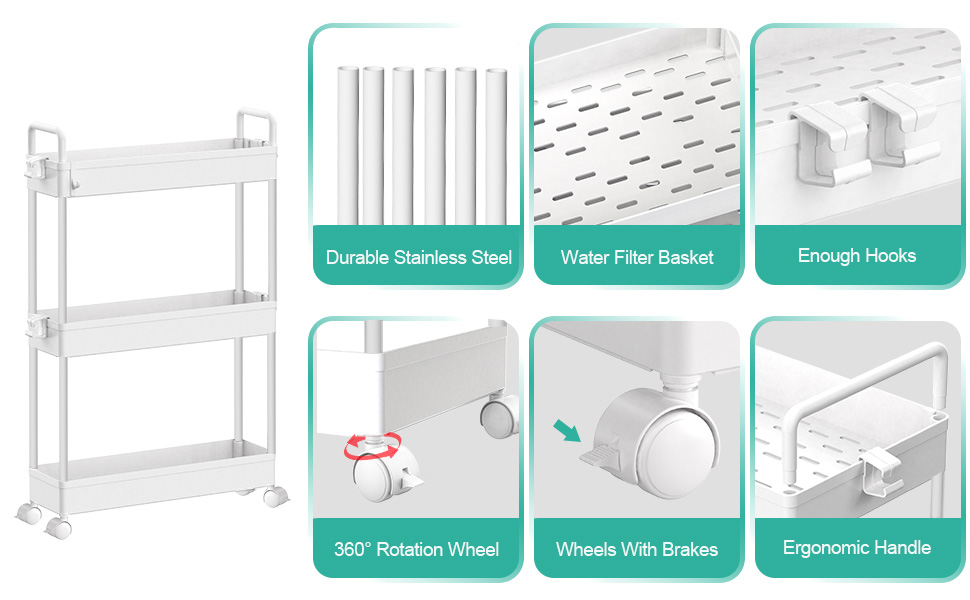 SOLEJAZZ Slim Storage Cart, 3 Tier Bathroom Cart Organizer