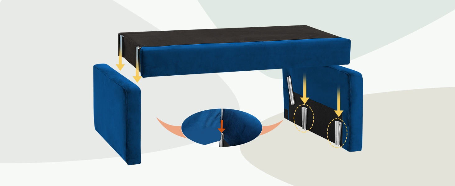 Blue upholstered storage bench with split lid design and decorative gold accents on sides, featuring hidden compartments.