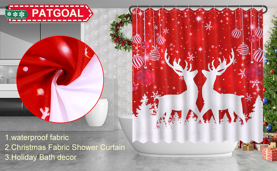 Christmas Shower Curtain, Red Deer Shower Curtain Xmas Ornaments Shower Curtains