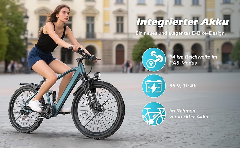 Text reads 'Image for Aktiv'. Electric bike shown in urban setting with icon overlays indicating features. Sleek design with robust frame and modern components.