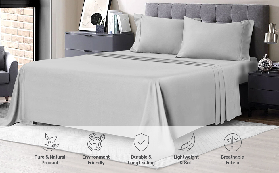 IR Imperial Rooms King Size Sheets 4 Piece Light Grey Bed Sheet Sets Brushed