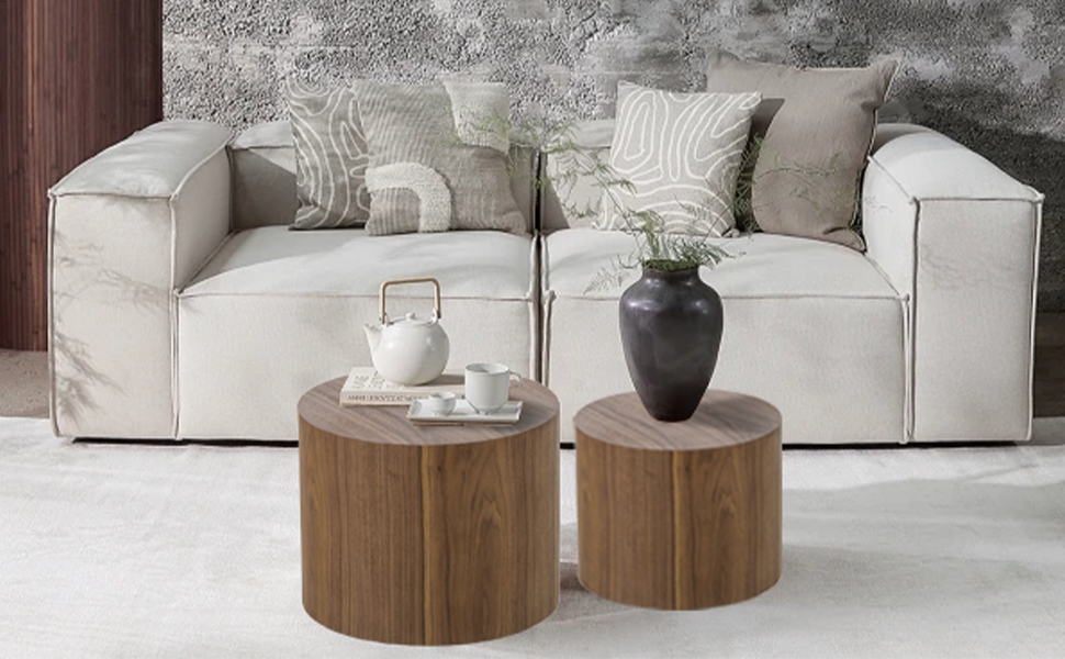 WILLIAMSPACE Nesting End Table Walnut, Wooden Round Coffee