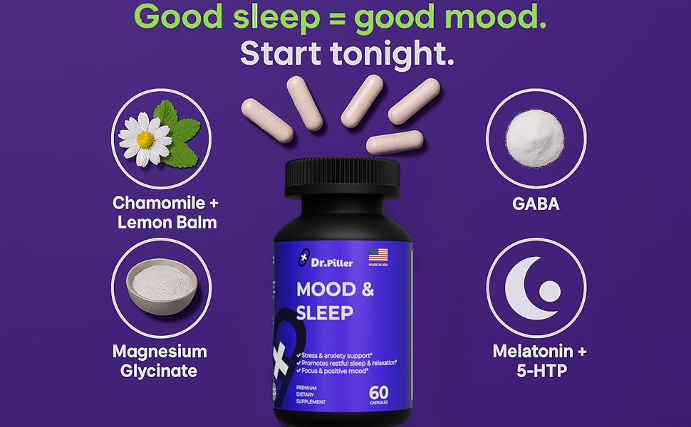 Mood & Sleep capsules with chamomile, lemon balm, GABA, magnesium glycinate, melatonin