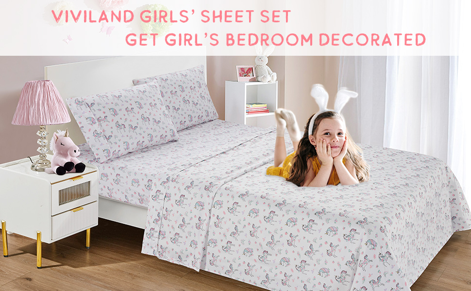 Viviland Unicorn Kids Twin Sheet Set Girls Twin Single Sheet Set with