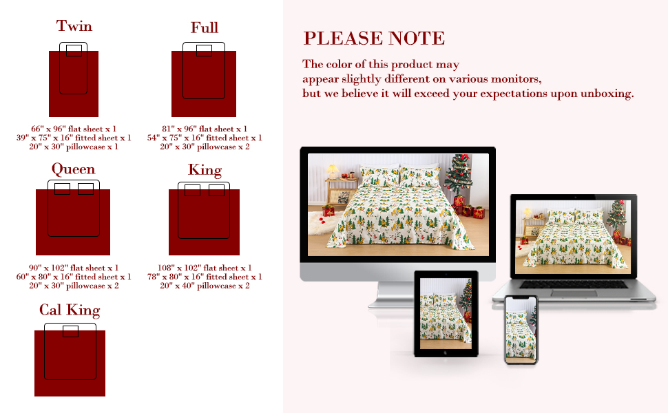 ILVOE Christmas Sheets King Size 4PC, Soft Printed Christmas Microfiber