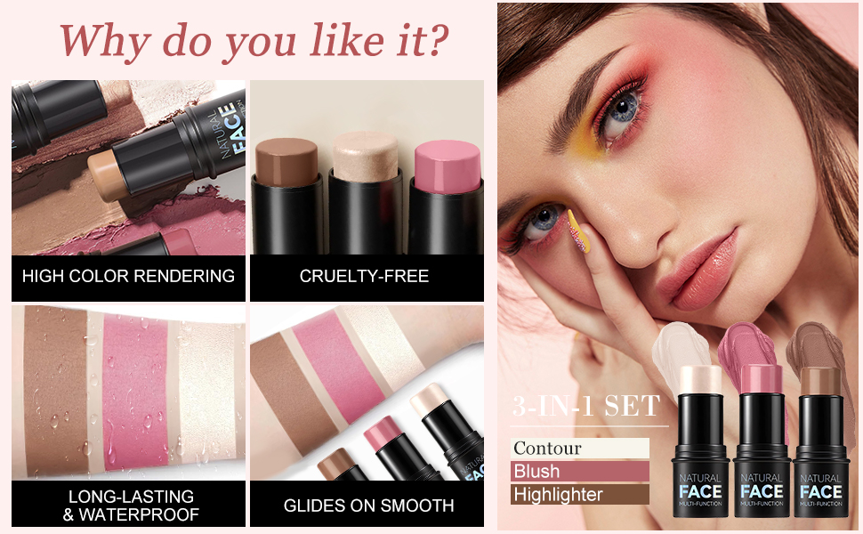 Makeup product advertisement showing contour and highlighter sticks in brown, pink shades with product benefits: high color, cruelty-free, long-lasting, smooth application.
