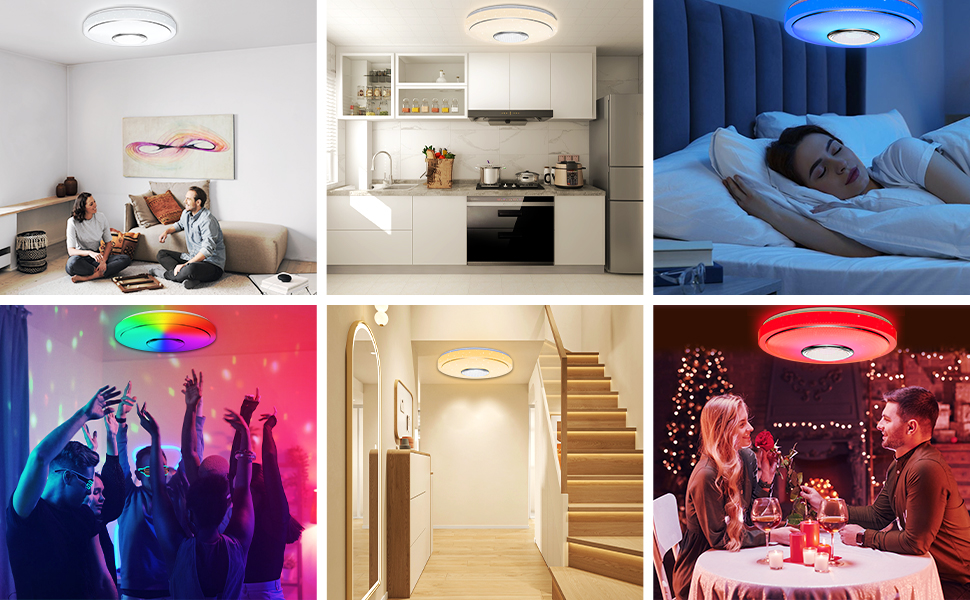 Collage av sex rum som visar smarta taklampor i olika miljöer - sovrum, kök, vardagsrum, festscen, hall och matplats.