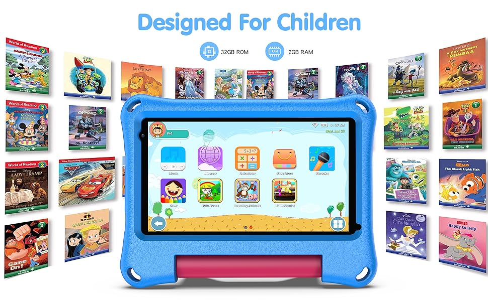Blue children's tablet with protective case, surrounded by images of various children's book covers and apps.