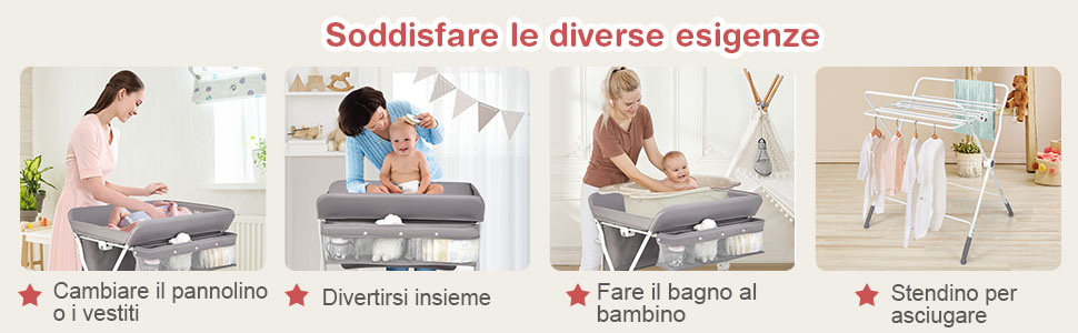 COSTWAY Fasciatoio Pieghevole Per Neonati, Mobile Tavolo Cambio Pannolini 4 In 1 Portatile, Altezza Regolabile, 75x80x99-105 Cm, Con Ruote E Cintura Di Sicurezza, Portata Massima 30 Kg (Grigio) 15 6