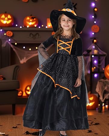 Series of nighttime photos with orange and purple string lights. Black dress with orange accents shown in different poses against dark background.