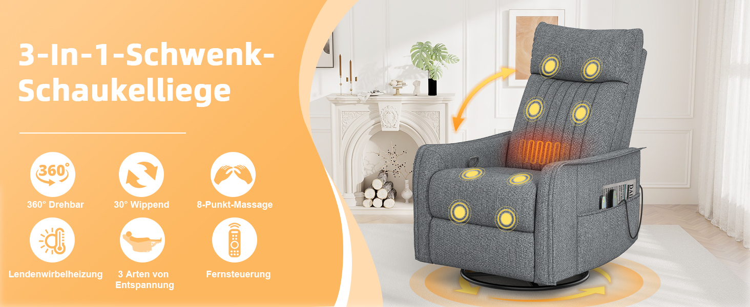 Grauer Relaxsessel mit Massagefunktion Der Text weist auf „3-in-1-Schwenk-Schaukelliege“ hin. Die Symbole deuten auf verstellbare Positionen, eine Massagefunktion und einen abnehmbaren Bezug hin