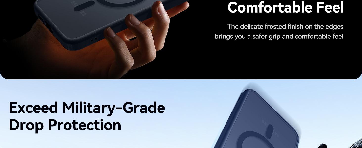 Nahaufnahme einer Gerätekante mit Text, der die Funktionen „Comfortable Feel“ und „Exceed Military-Grade Drop Protection“ hervorhebt