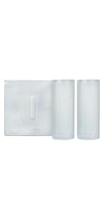 Clear and Clear vacuum bag roll standing next to one slightly unrolled