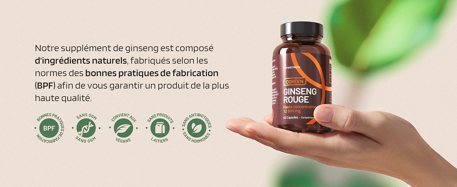 Flacon de supplément en verre brun tenu à la main. Les icônes circulaires vertes ci-dessous indiquent les caractéristiques naturelles ou écologiques du produit.