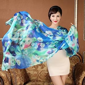 100% mulberry silk,floral print,blue green,scarf shawl,neck scarf,headscarf,hair scarf