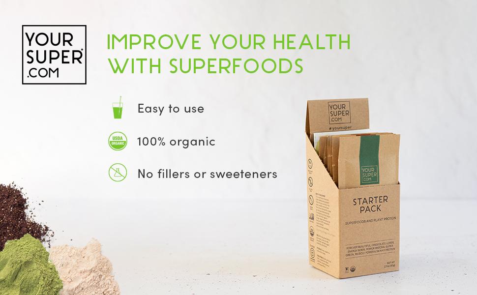 Amazon Com Your Super Plant Based Protein And Superfood Powder Starter Pack Detox Cleanse Immune Support Brain Booster Skin Health Organic Spirulina Moringa Cacao Lucuma Maca Powder 7 Servings Health Household