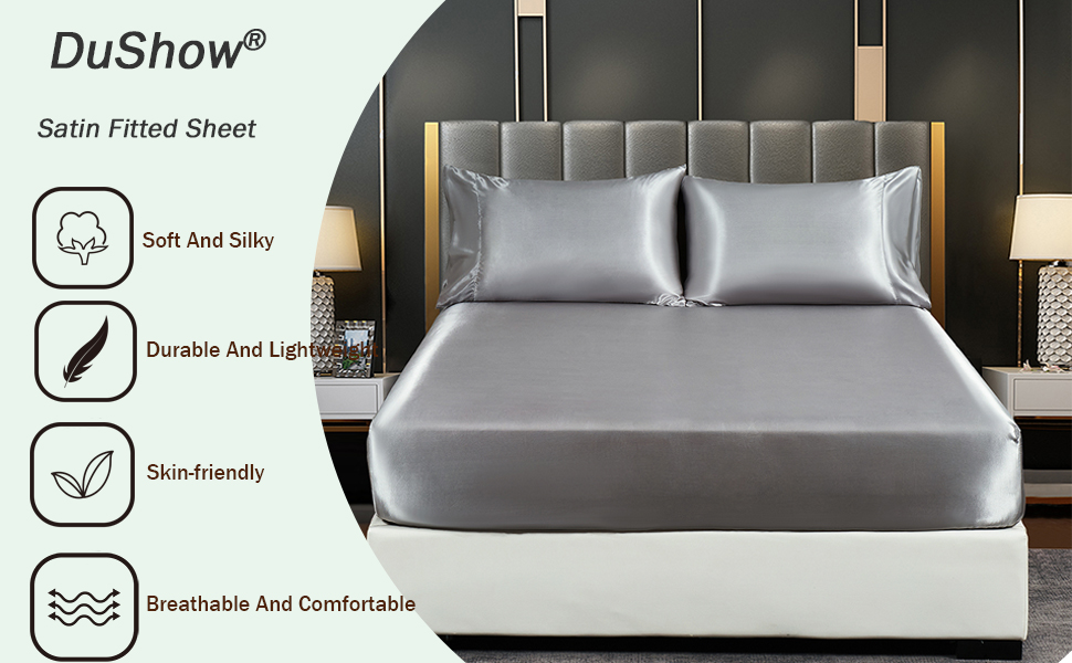 DuShow Full Size Sitted Sheet Only,Satin Gray Fitted Sheet