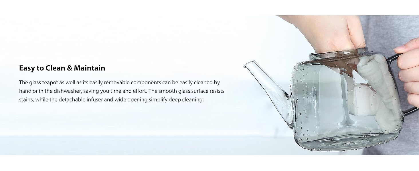 Text reads 'Easy to Clean & Maintain'. Tutorial images showing process of wiping down and maintaining a product, featuring hands cleaning a surface.