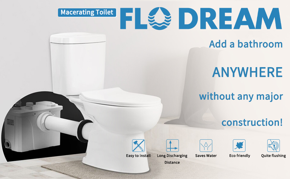 750 Watt Macerating Toilet with Pump for Basement Upflush System, Dual