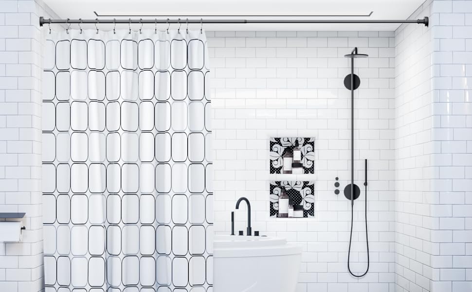 Black Shower Rod with 12 Hooks, 4372 Inches, Rust