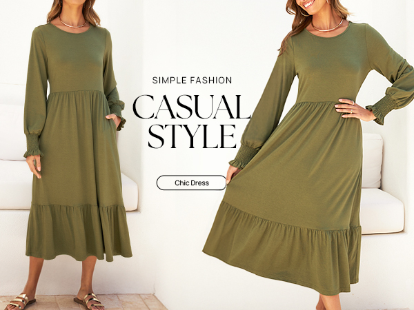 ZESICA Women's 2025 Fall Long Sleeve Dress Crewneck Casual