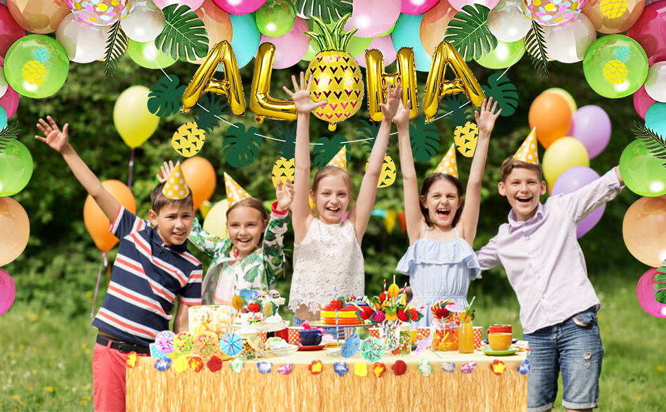 Hawaiian Tropical Party Decorations Set with Balloon, Beach Party Decorations Luau Table Skirt