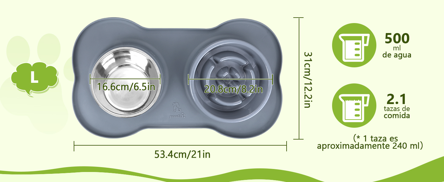 , gris, con medidas que muestran 53,4 cm de ancho e indicadores de capacidad especificados de 500 ml y 2,1 L para los tazones